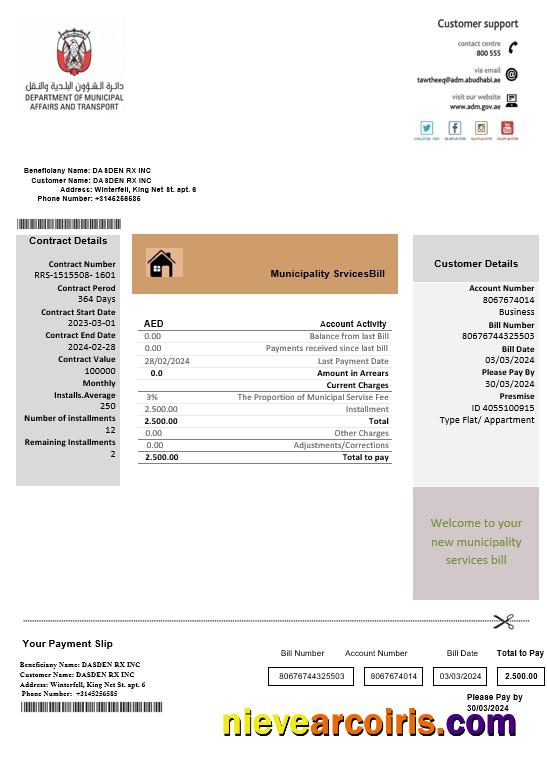 United Arab Emirates Abu Dhabi Municipality Service business utility bill